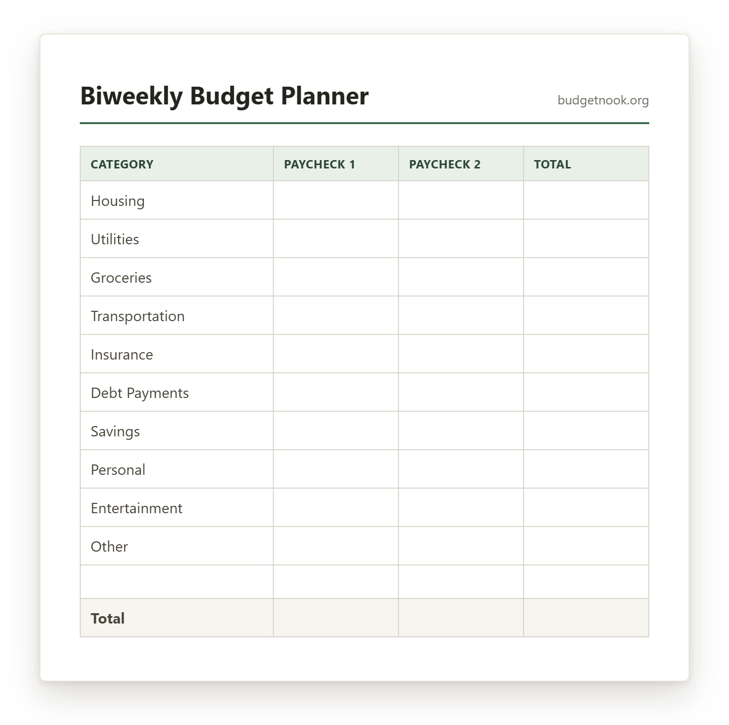 Preview of the Biweekly Budget Planner printable