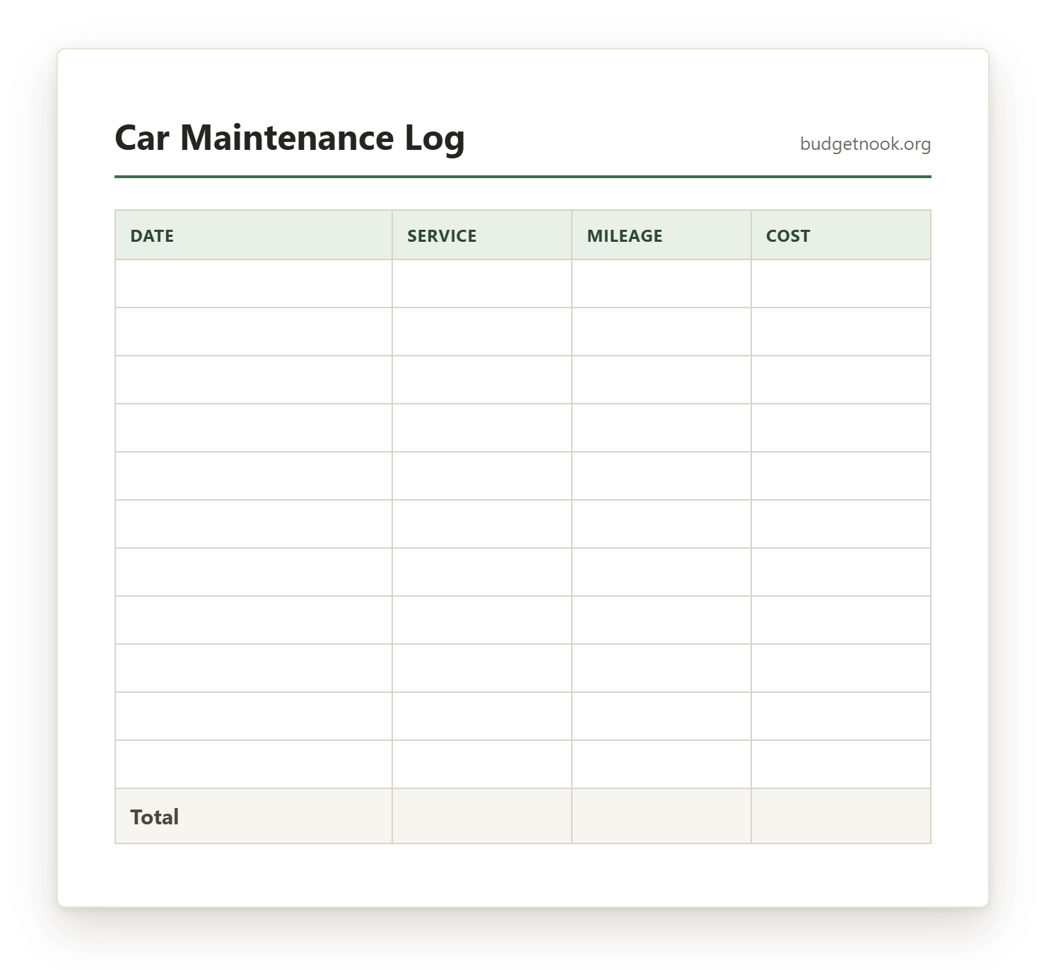 Preview of the Car Maintenance Log printable