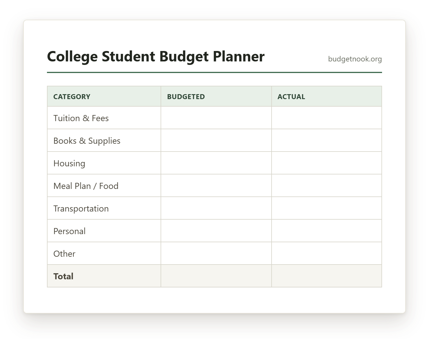Preview of the College Student Budget Planner printable