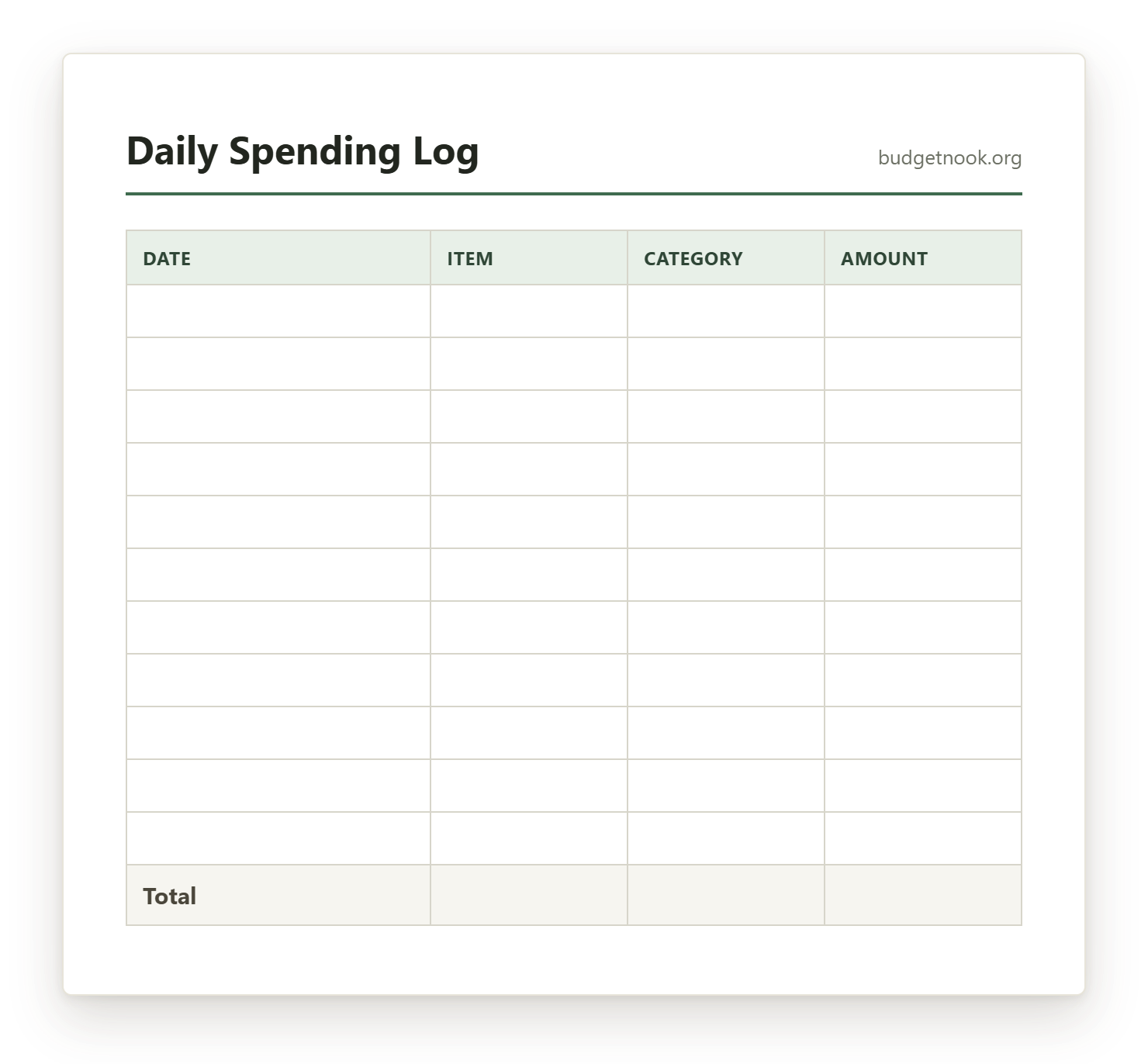 Preview of the Daily Spending Log printable