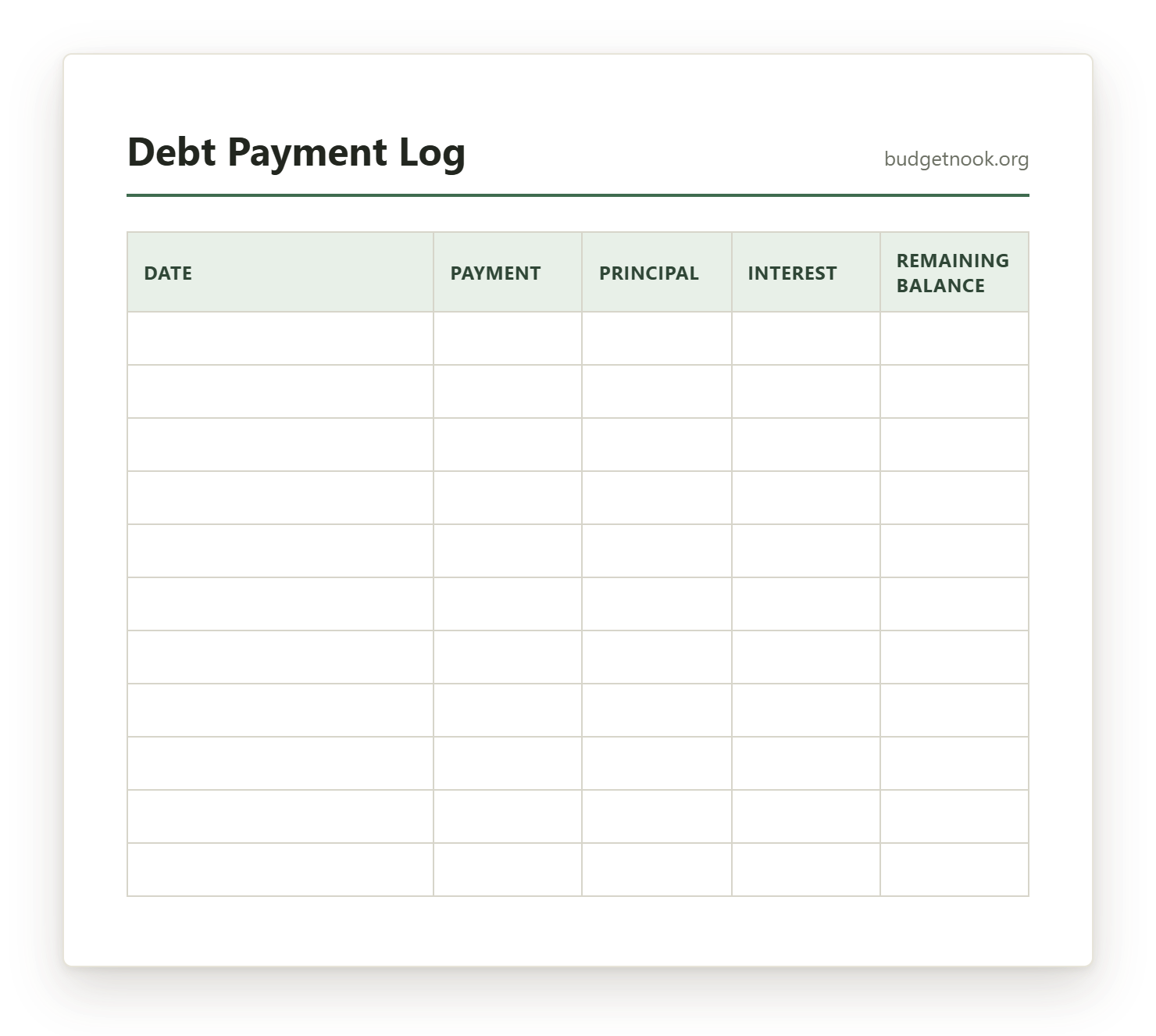 Preview of the Debt Payment Log printable