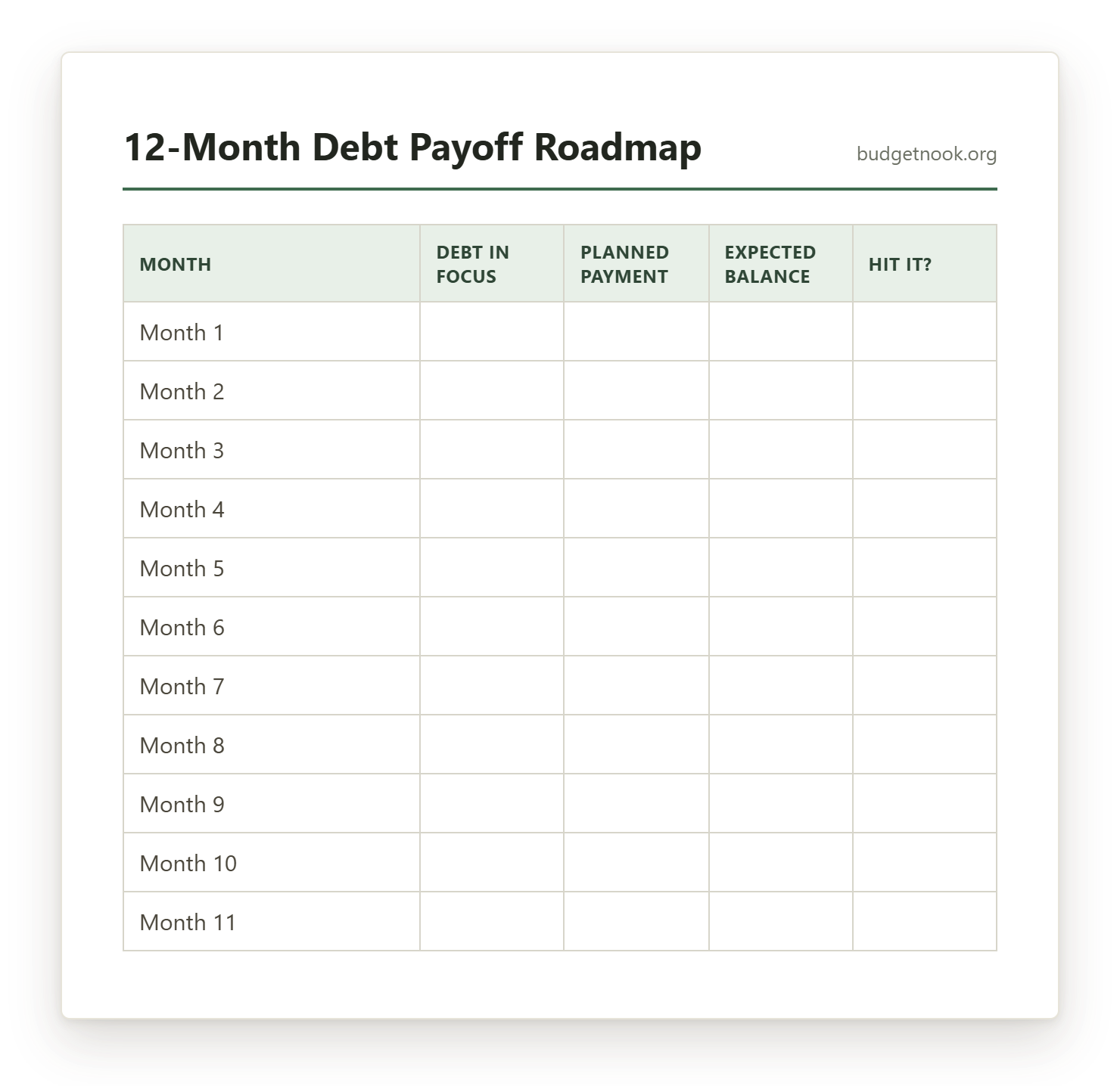 Preview of the 12-Month Debt Payoff Roadmap printable