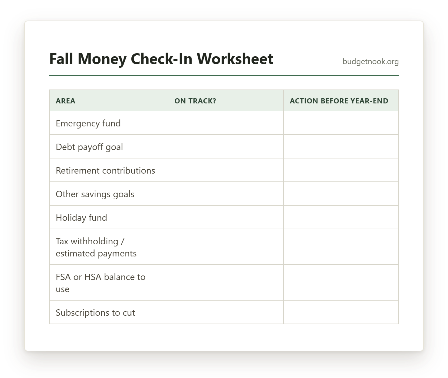 Preview of the Fall Money Check-In Worksheet printable