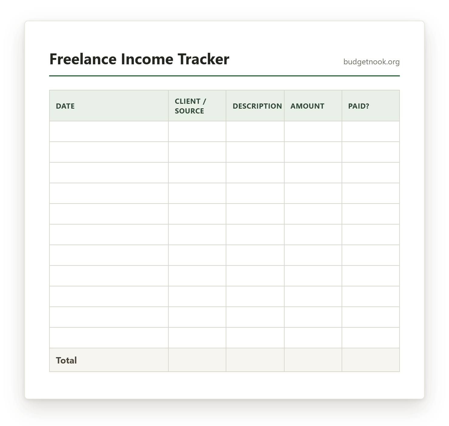 Preview of the Freelance Income Tracker printable
