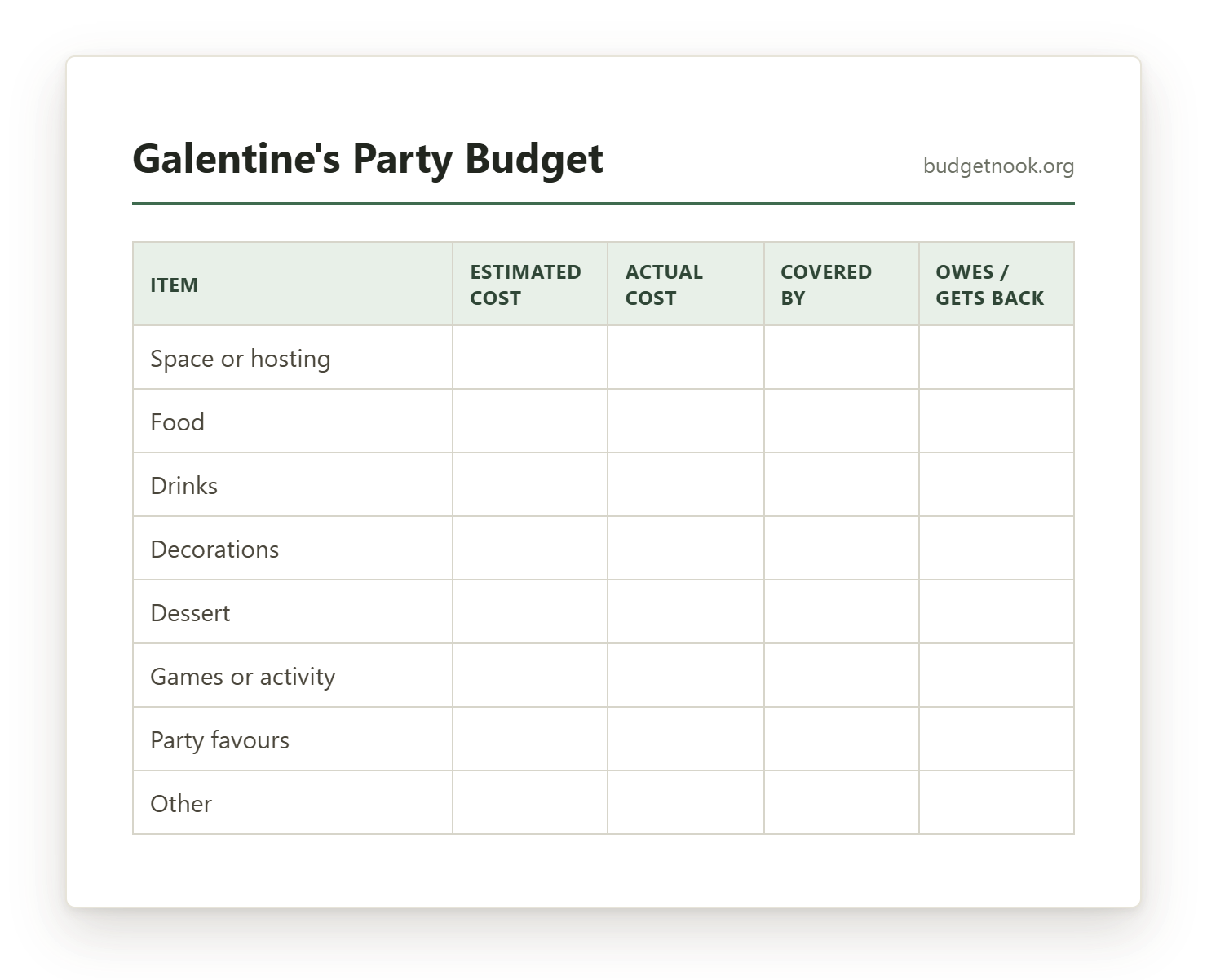 Preview of the Galentine's Party Budget printable