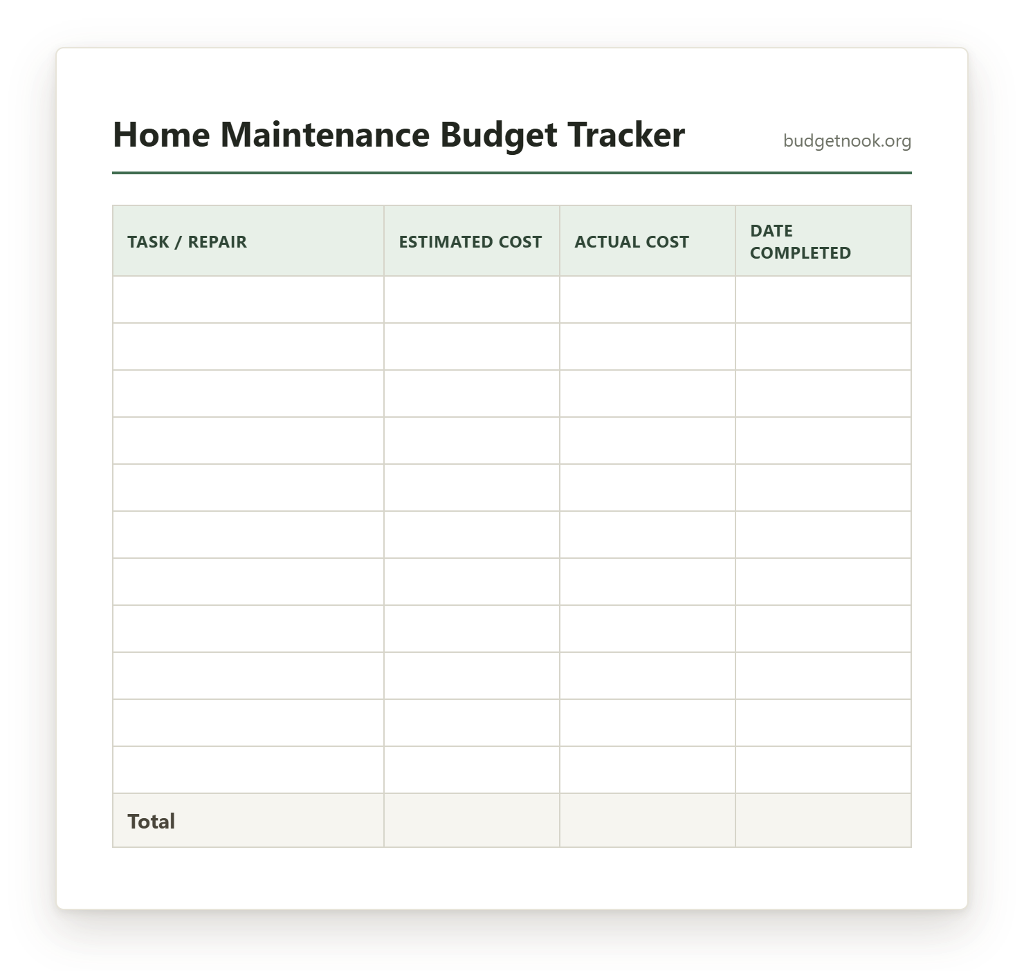 Preview of the Home Maintenance Budget Tracker printable