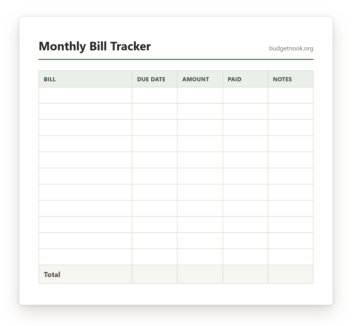 Preview of the Monthly Bill Tracker printable