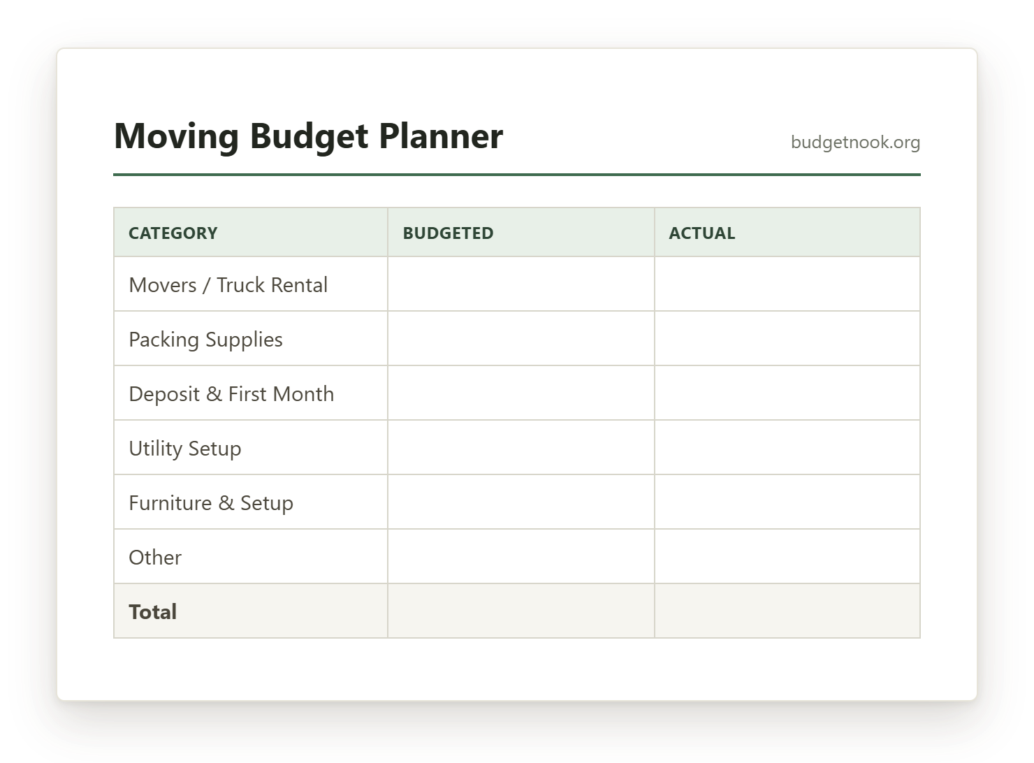 Preview of the Moving Budget Planner printable