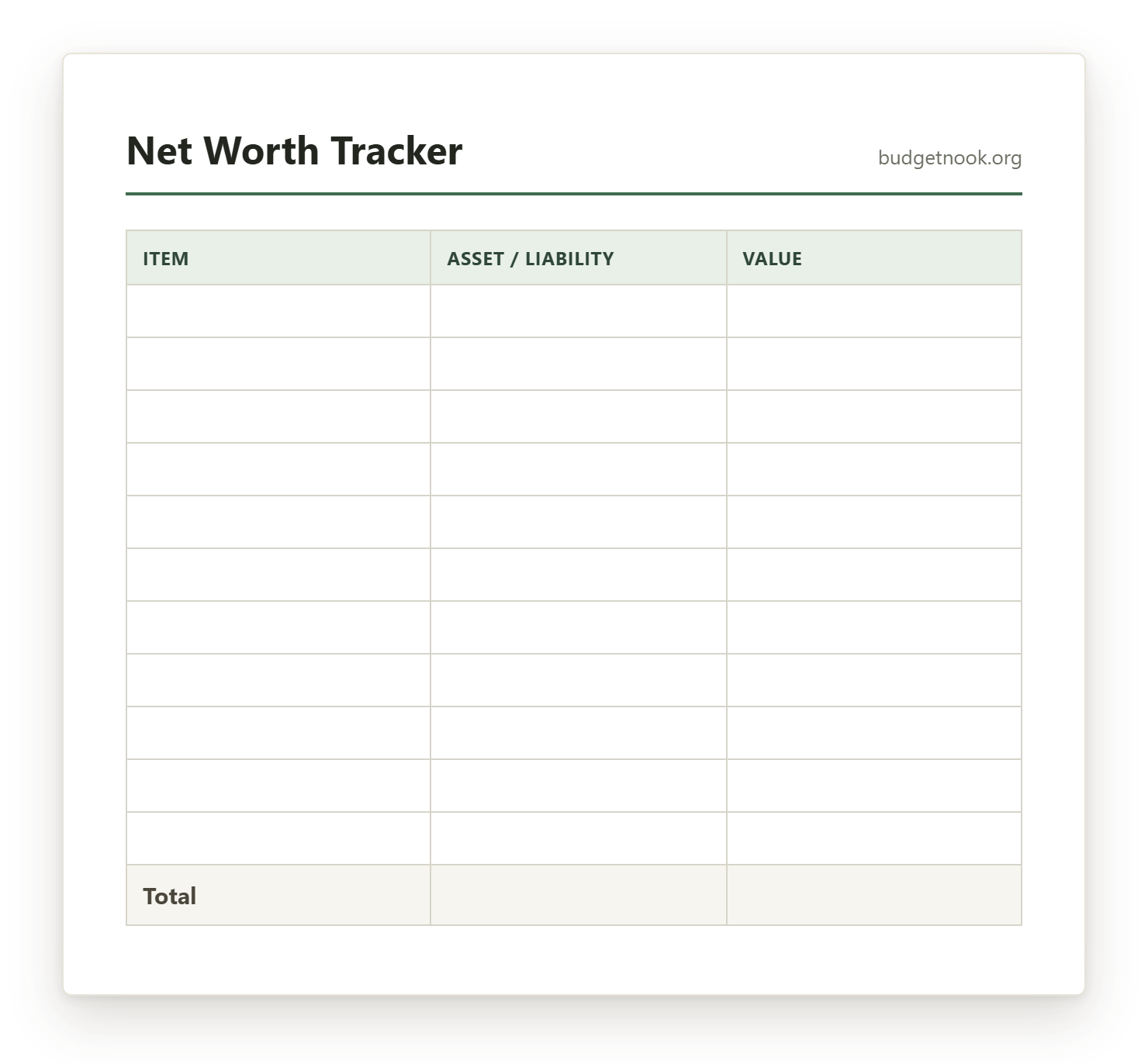 Preview of the Net Worth Tracker printable