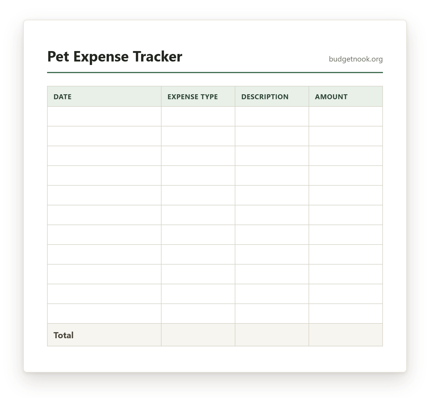 Preview of the Pet Expense Tracker printable