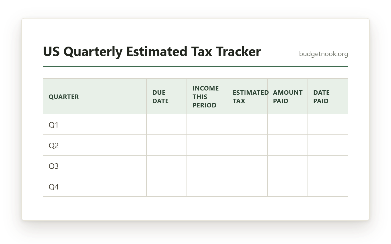 Preview of the US Quarterly Estimated Tax Tracker printable