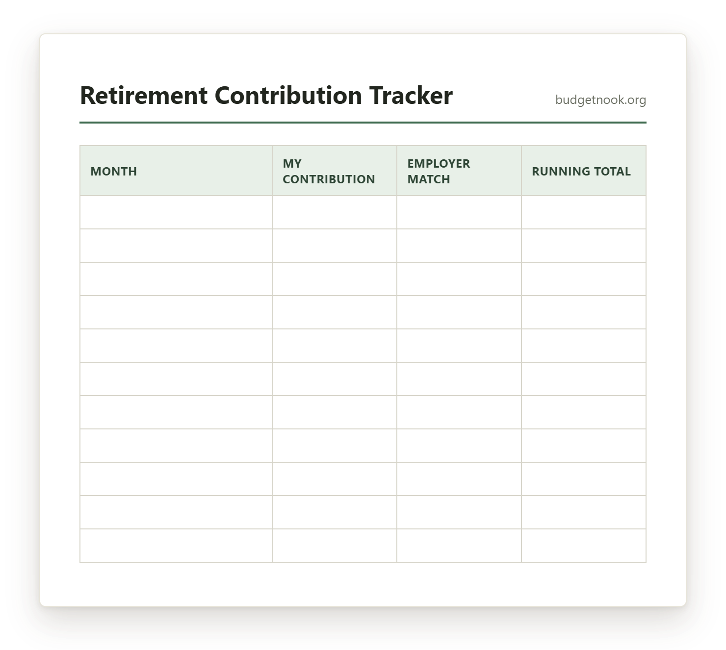 Preview of the Retirement Contribution Tracker printable
