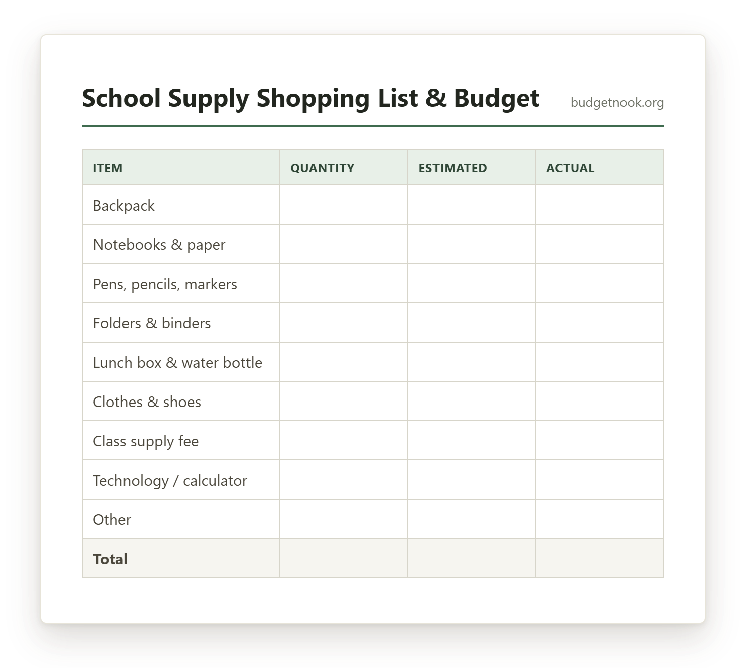 Preview of the School Supply Shopping List & Budget printable
