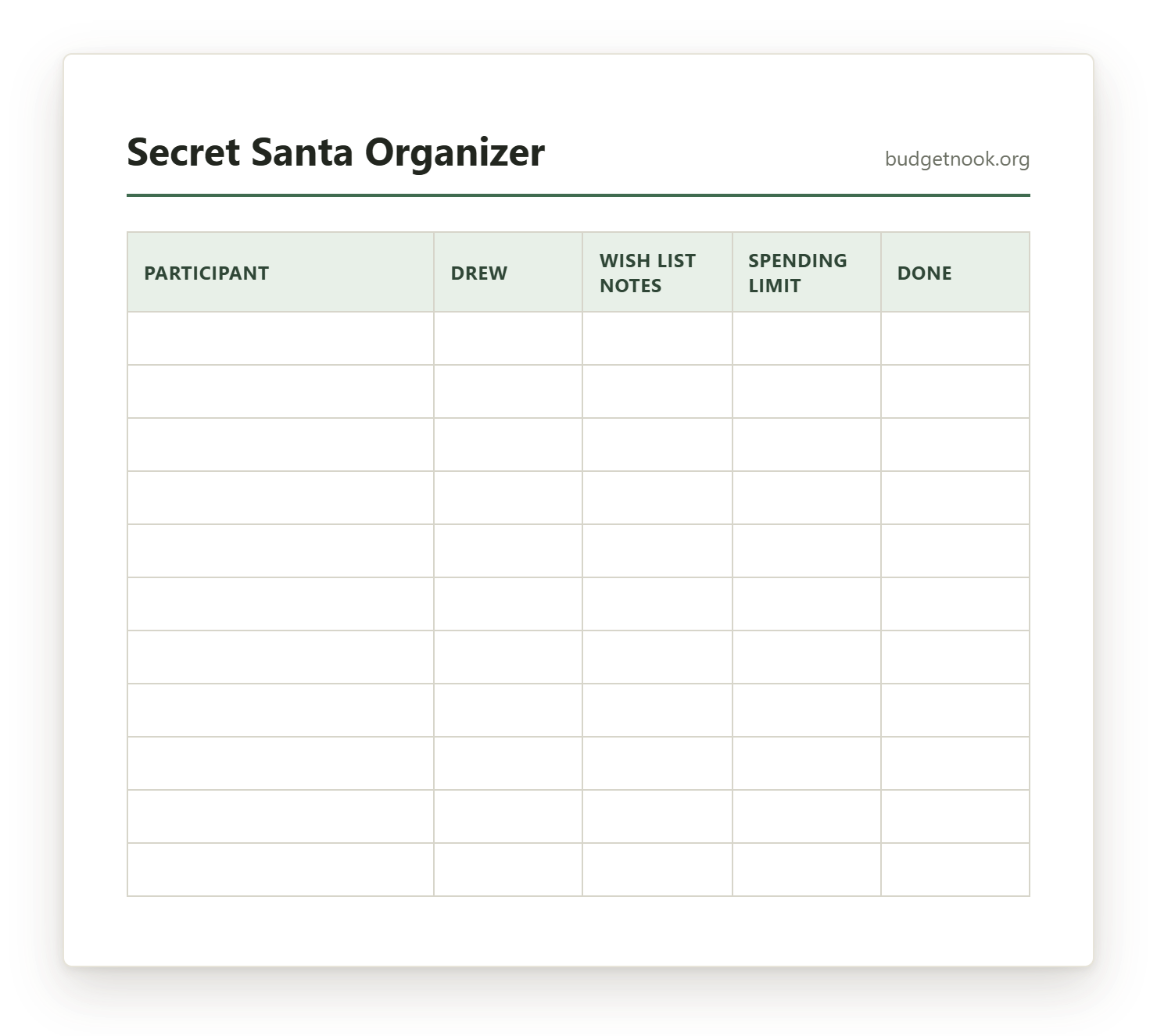 Preview of the Secret Santa Organizer printable