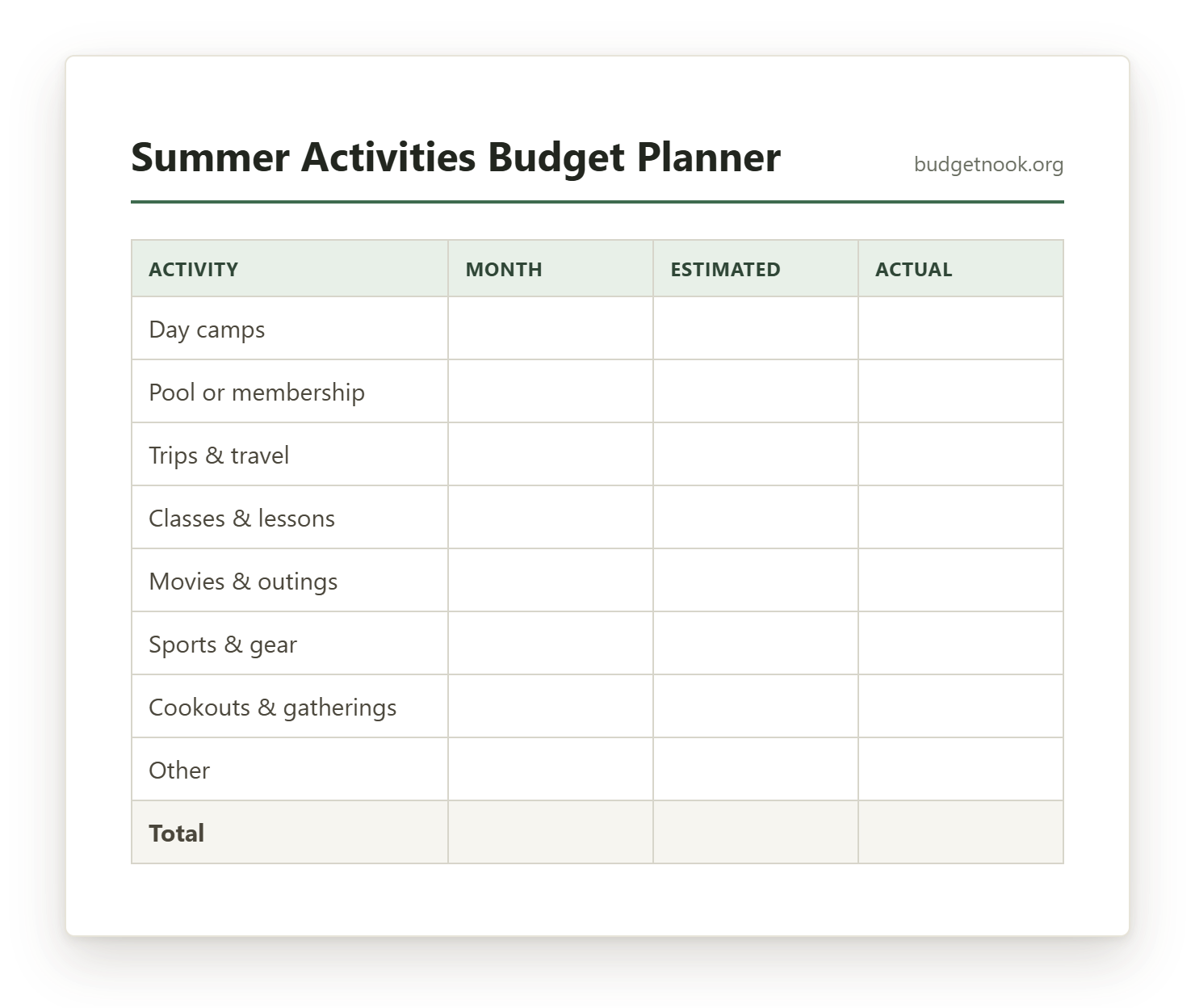 Preview of the Summer Activities Budget Planner printable
