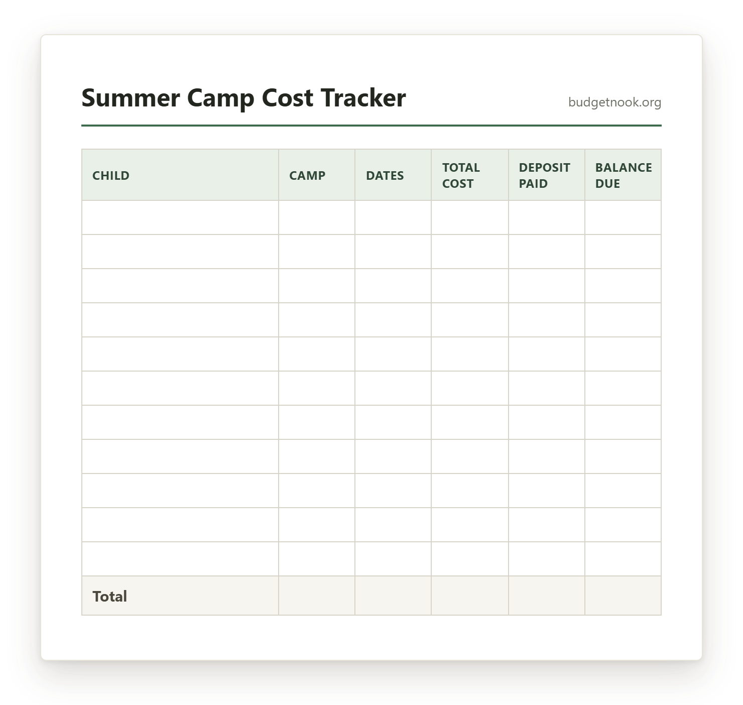 Preview of the Summer Camp Cost Tracker printable