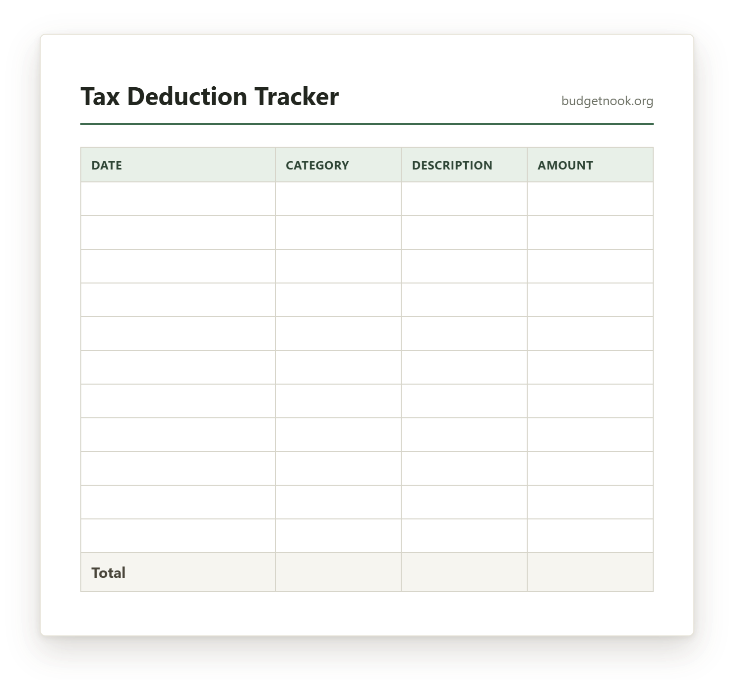 Preview of the Tax Deduction Tracker printable