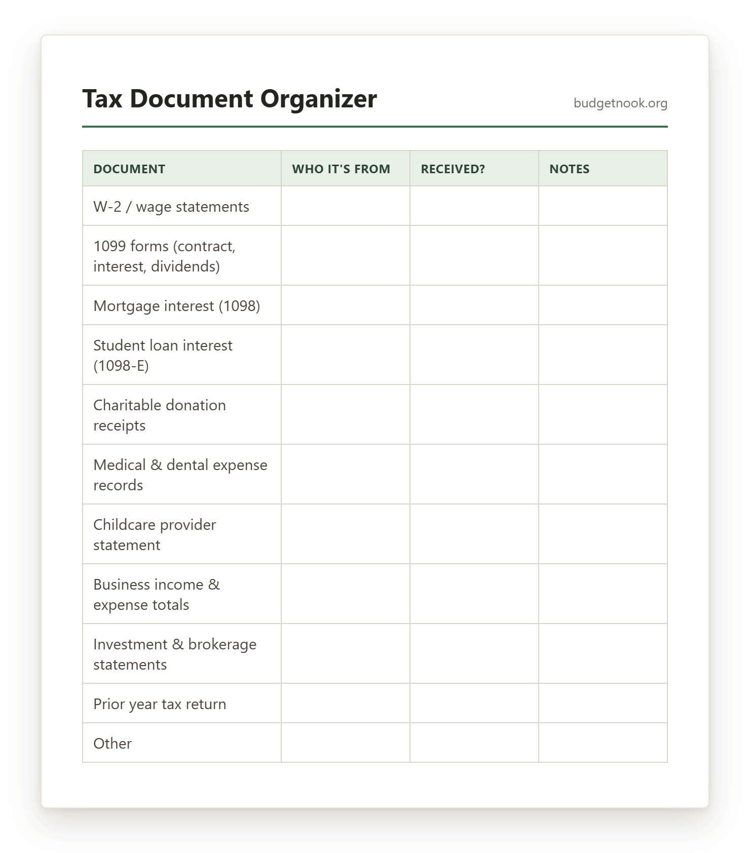 Preview of the Tax Document Organizer printable