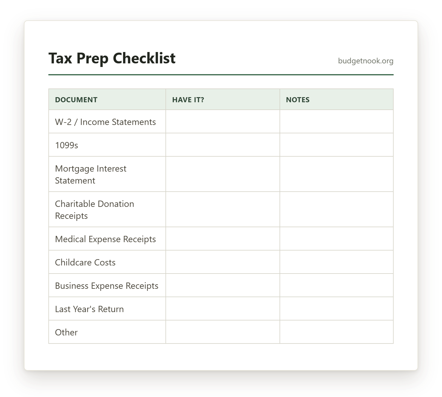 Preview of the Tax Prep Checklist printable