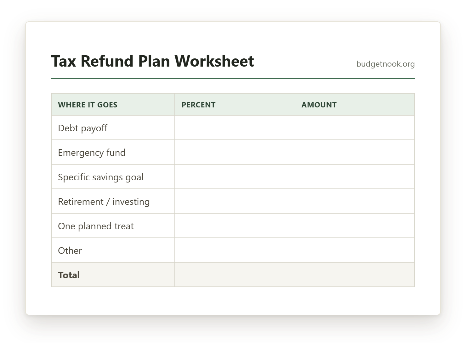 Preview of the Tax Refund Plan Worksheet printable