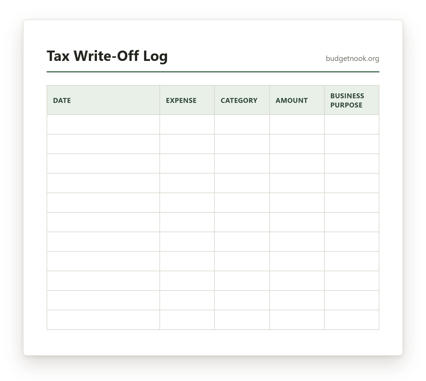 Preview of the Tax Write-Off Log printable