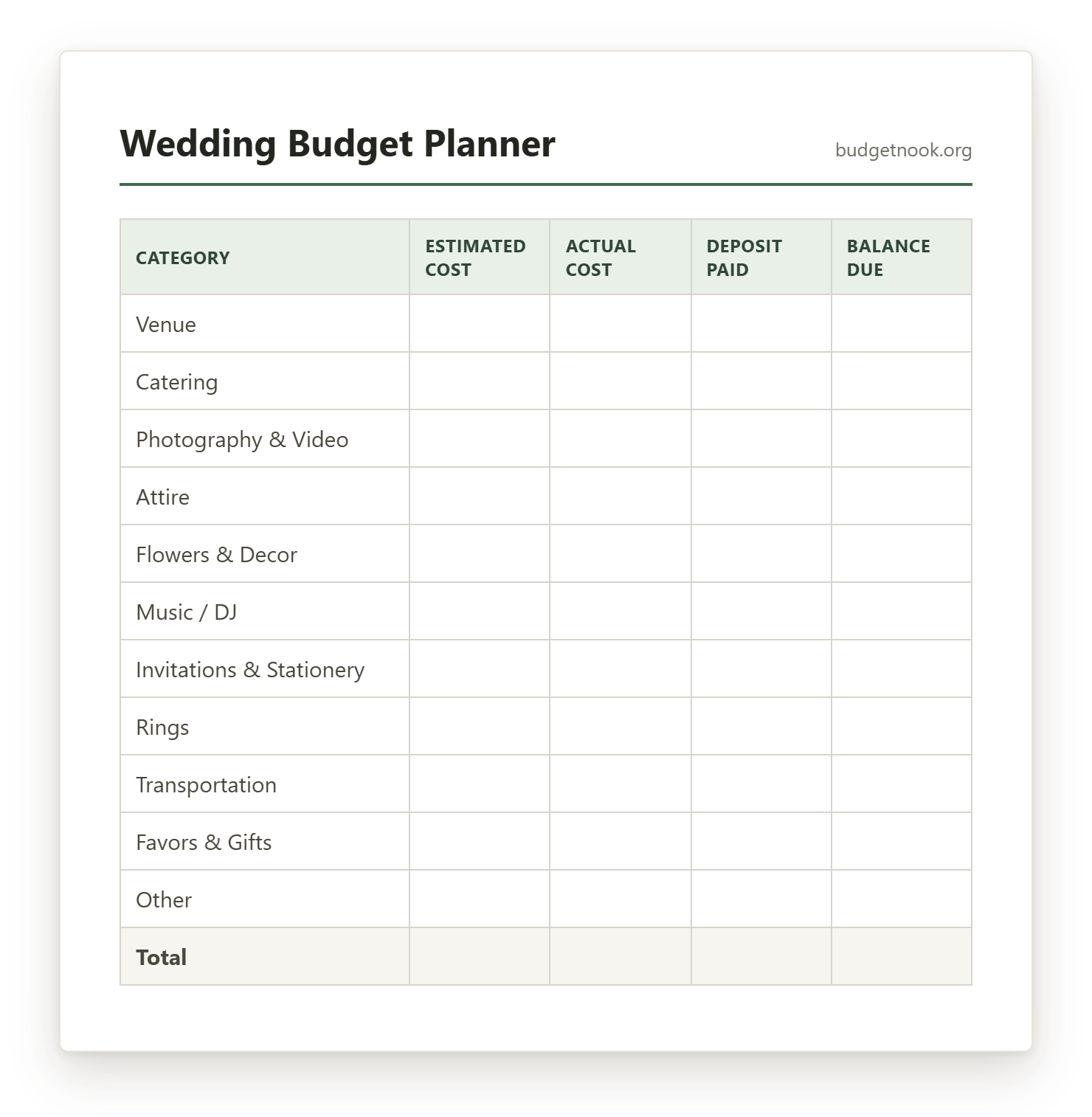 Preview of the Wedding Budget Planner printable